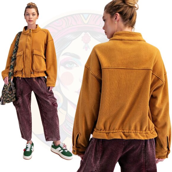 EASEL 726C Washed Zip Up Bomber Jacket Gold Camel - Picture 2 of 2